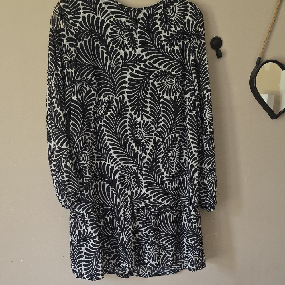 LOFT Black and White Sheath Dress with Bishop Sleeves